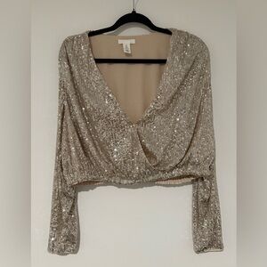 H&M Women’s Sequin Wrap Blouse Long Sleeve Cropped Shiny Sparkly - Size Large